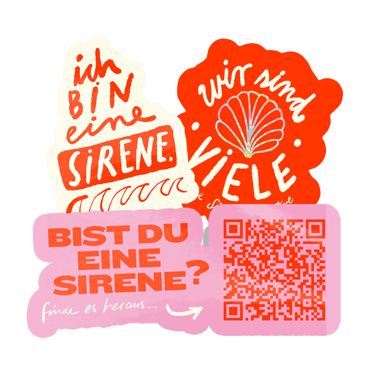 Kollasje av utstansede klistremerker trykt på vinyl og glitter fra Sirens Collective