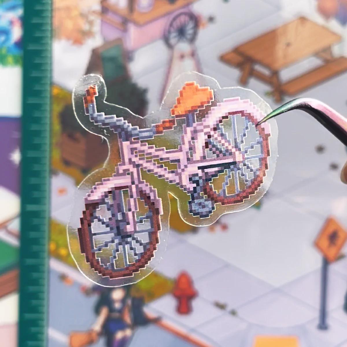 detailed picture of a transparent sticker in pixel art showing a bicycle