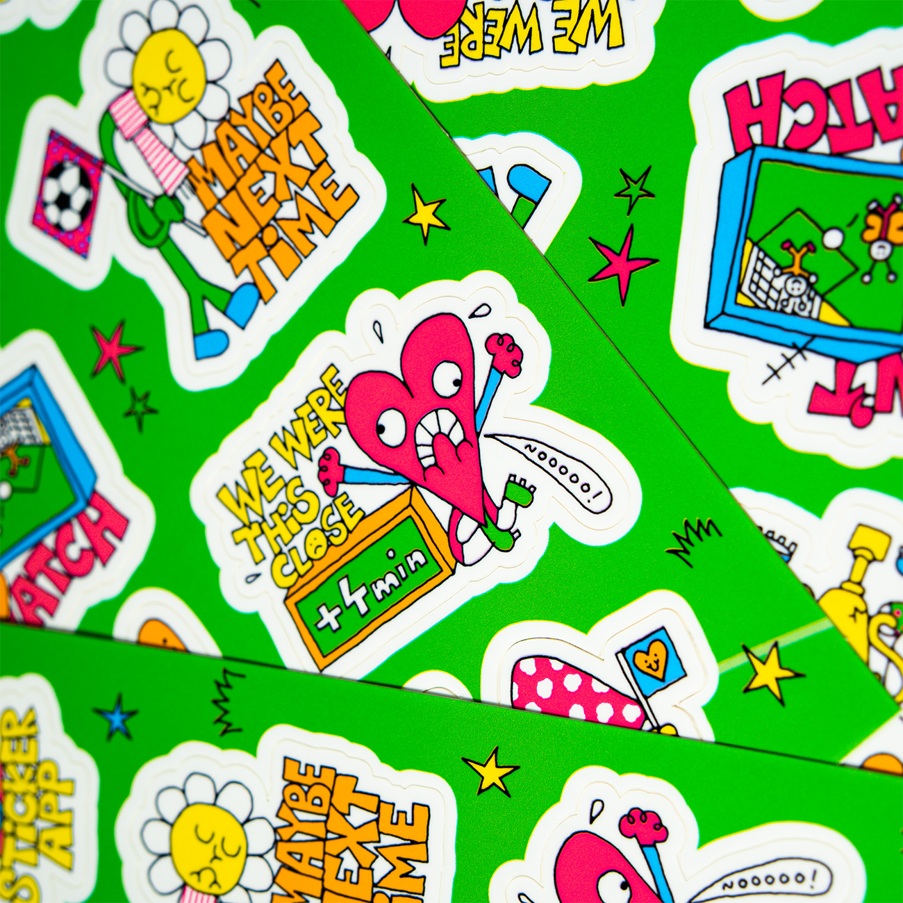 Detail sticker of a football-themed sticker sheet with a green background and colorful cartoon characters.
