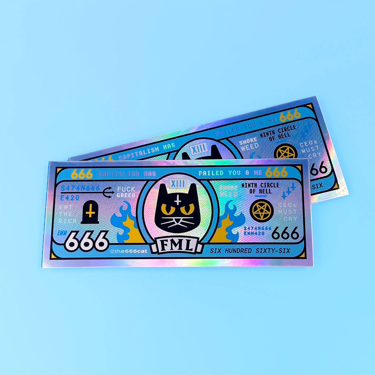 two glossy notes with the text 666 and a cat on holographic material