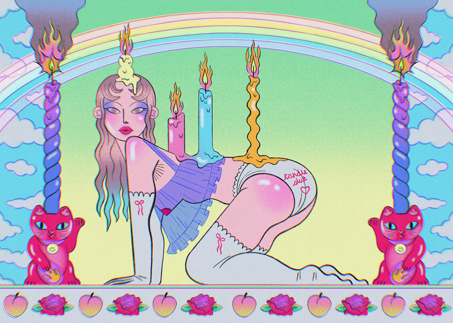 Surreal art of a woman kneeling under a rainbow with candles on her back, flanked by waving cat statues and surrounded by roses and peaches.