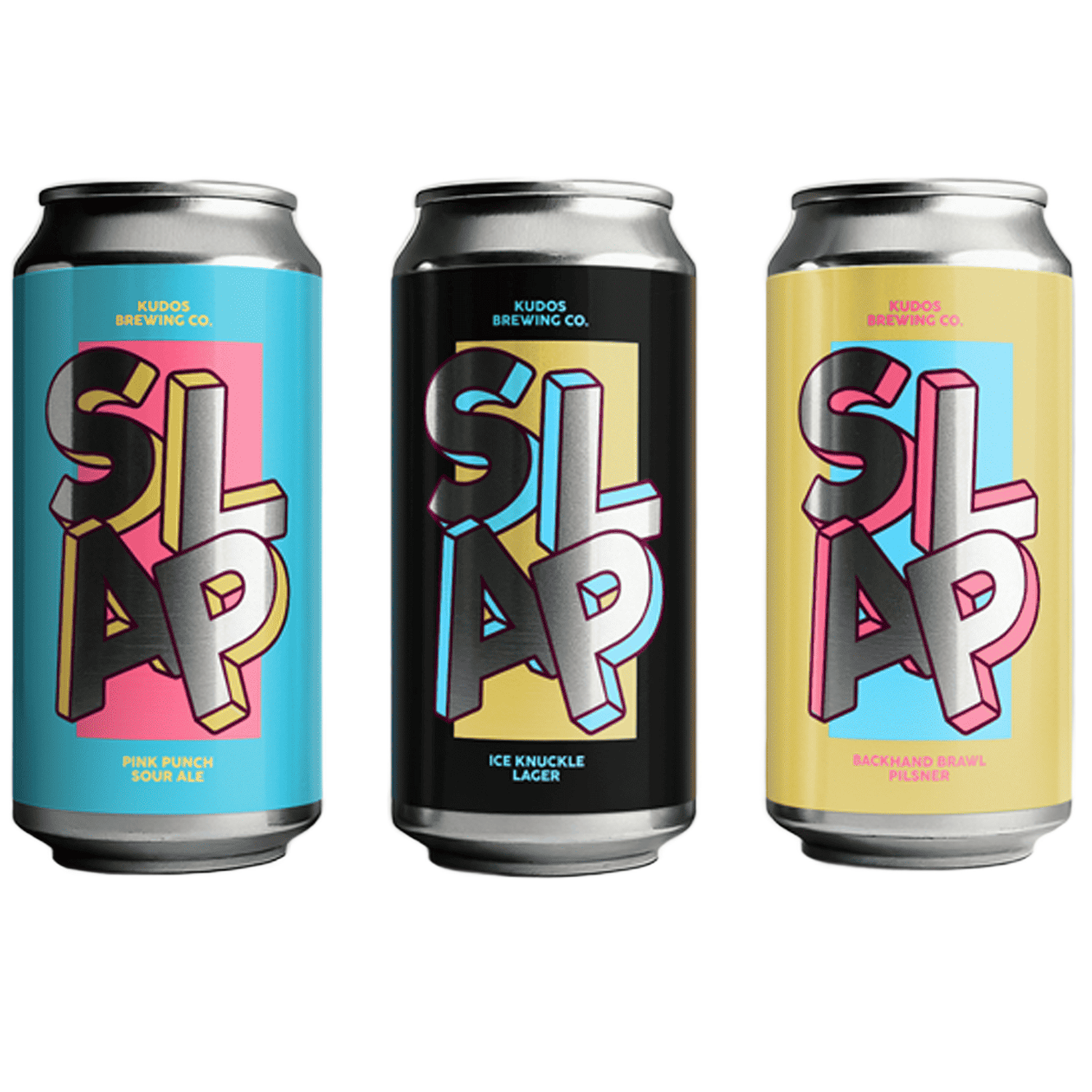Tre ølbokser med egne etiketter for SLAP-ølene til Kudos Brewing Co., med kraftige bokstaver i metallisk sølv