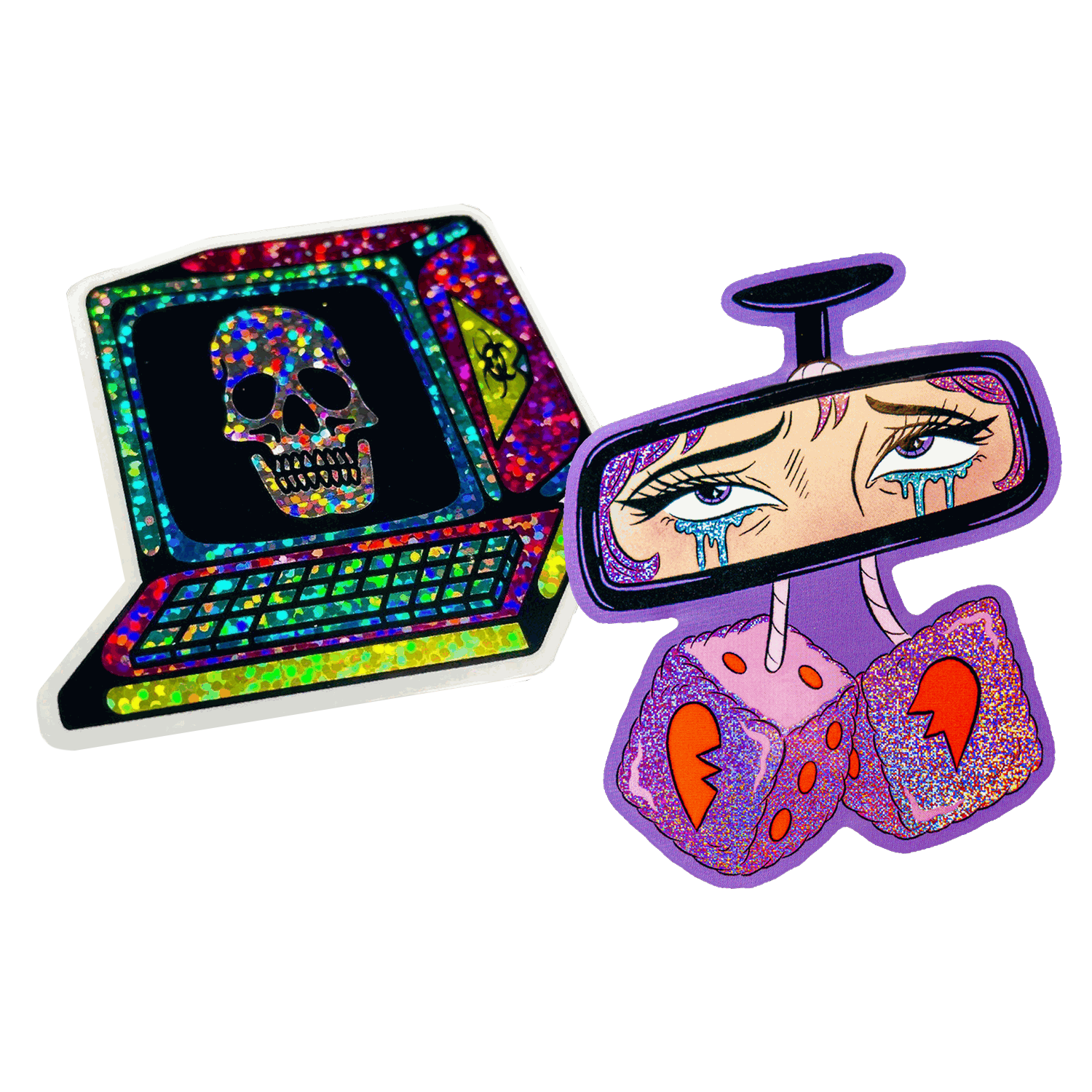 Konturskåret klistremerke i glitter av en retrodatamaskin med en hodeskalle på skjermen, ved siden av et konturskåret klistremerke i Pixie Dust av et bakspeil med tårevåte øyne og plysjterninger