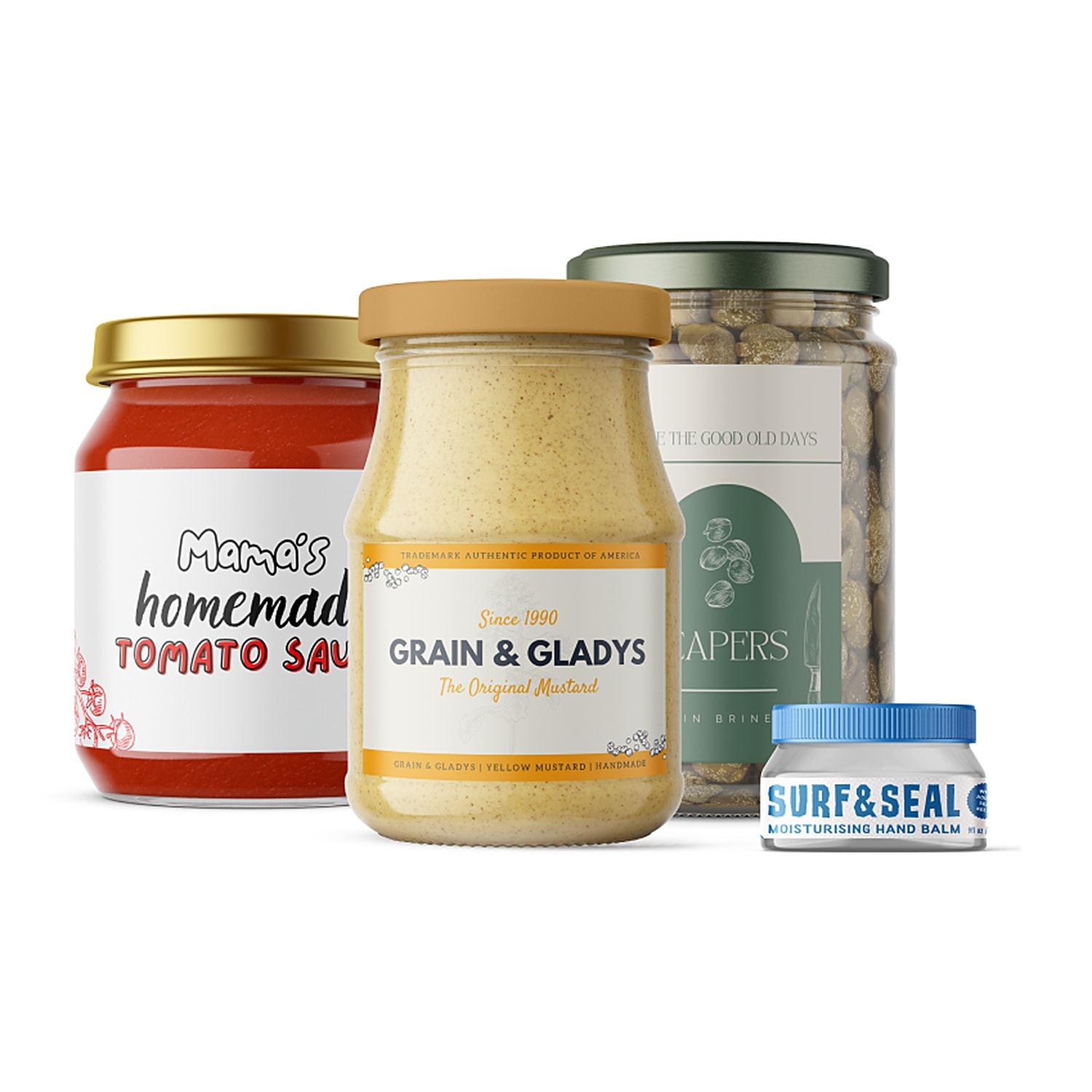 Egne etiketter på glass: "Mama's homemade tomato sauce", "Grain & Gladys" sennep, kapers og en boks "Surf & Seal" håndbalsam