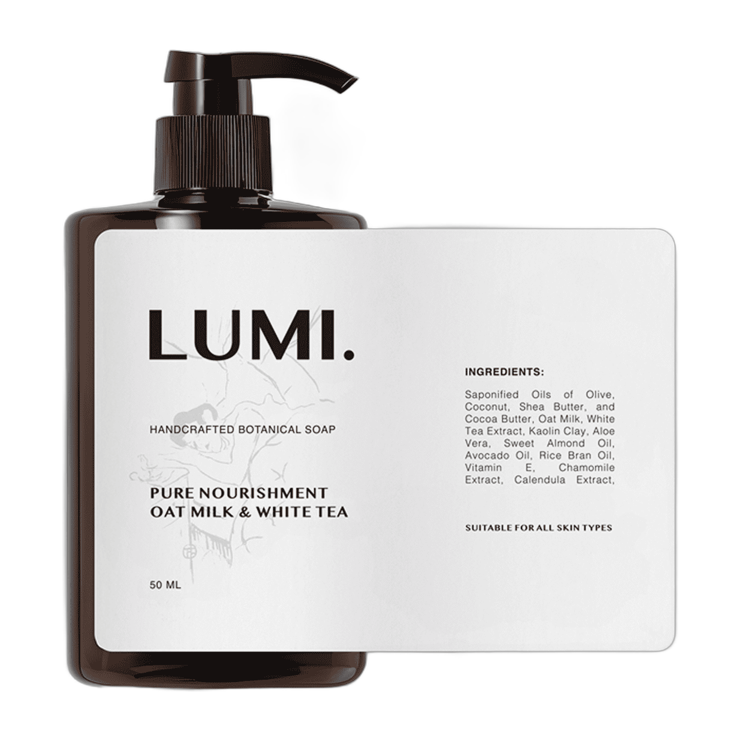 Brun pumpeflaske med LUMI håndlaget botanisk såpe og en hvit egen etikett, vist ved siden av hele etiketten flatt med ingredienser