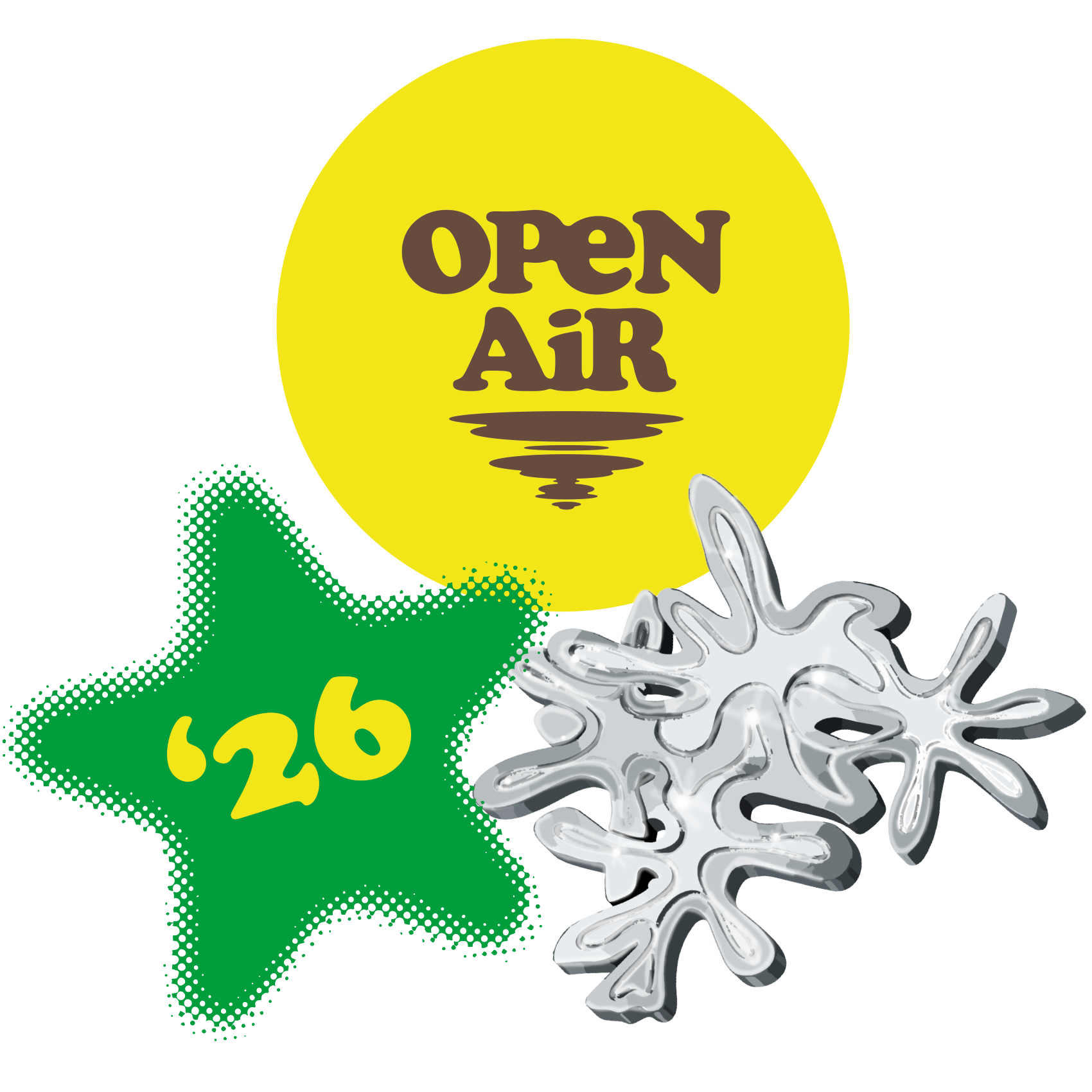 Colorful stickers with an Open Air logo, a green ’26 star and silver abstract shapes.