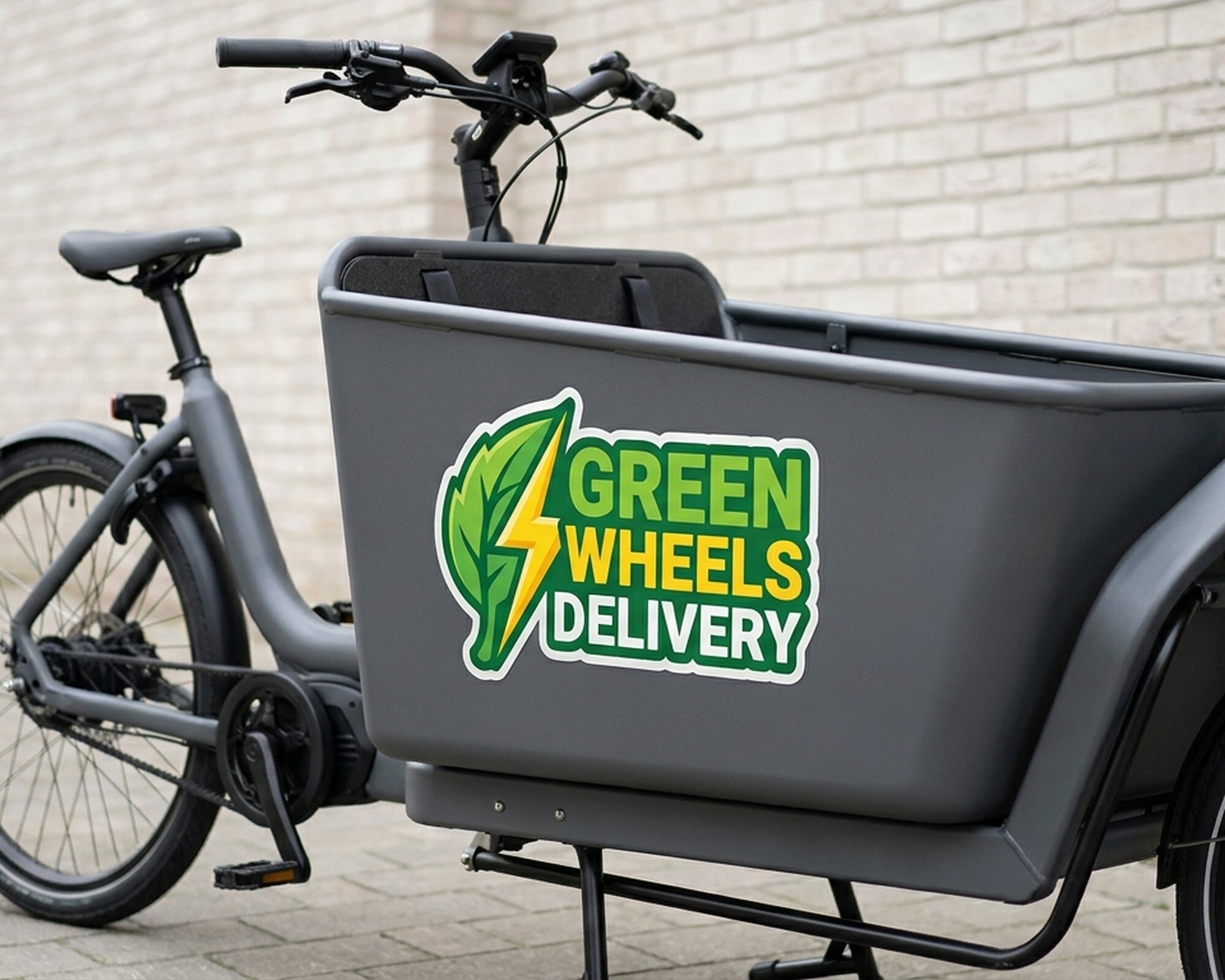Egen dekal i die-cut med en logo med blad og lyn og teksten "Green Wheels Delivery" på kassen til en lastesykkel