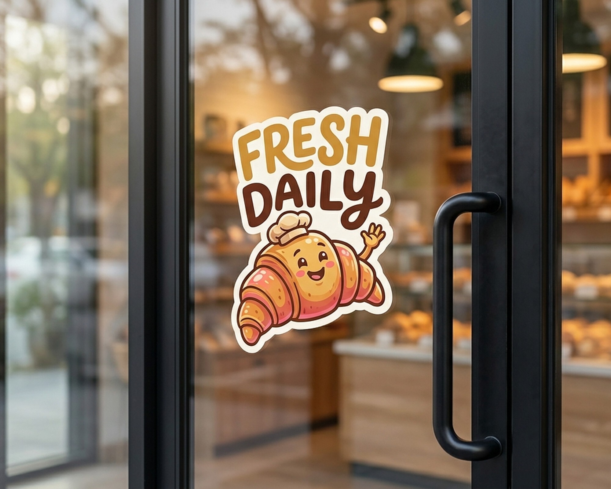 Egen dekal i die-cut med en smilende croissant og teksten "Fresh Daily" på glassdøren til et bakeri