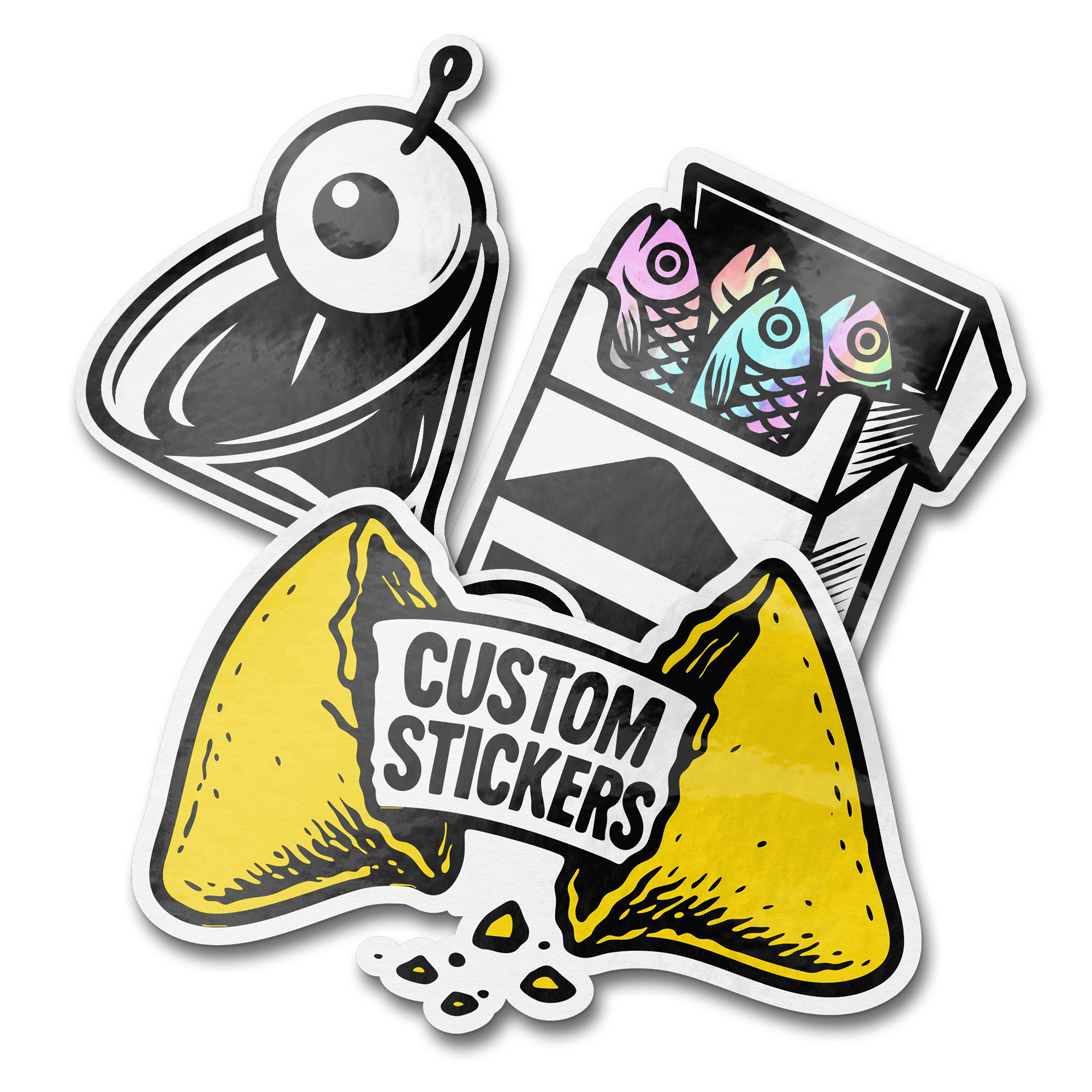 Stickers of a martini glass, colorful fish in a cigarette box, and a broken fortune cookie with "Custom Stickers" text.