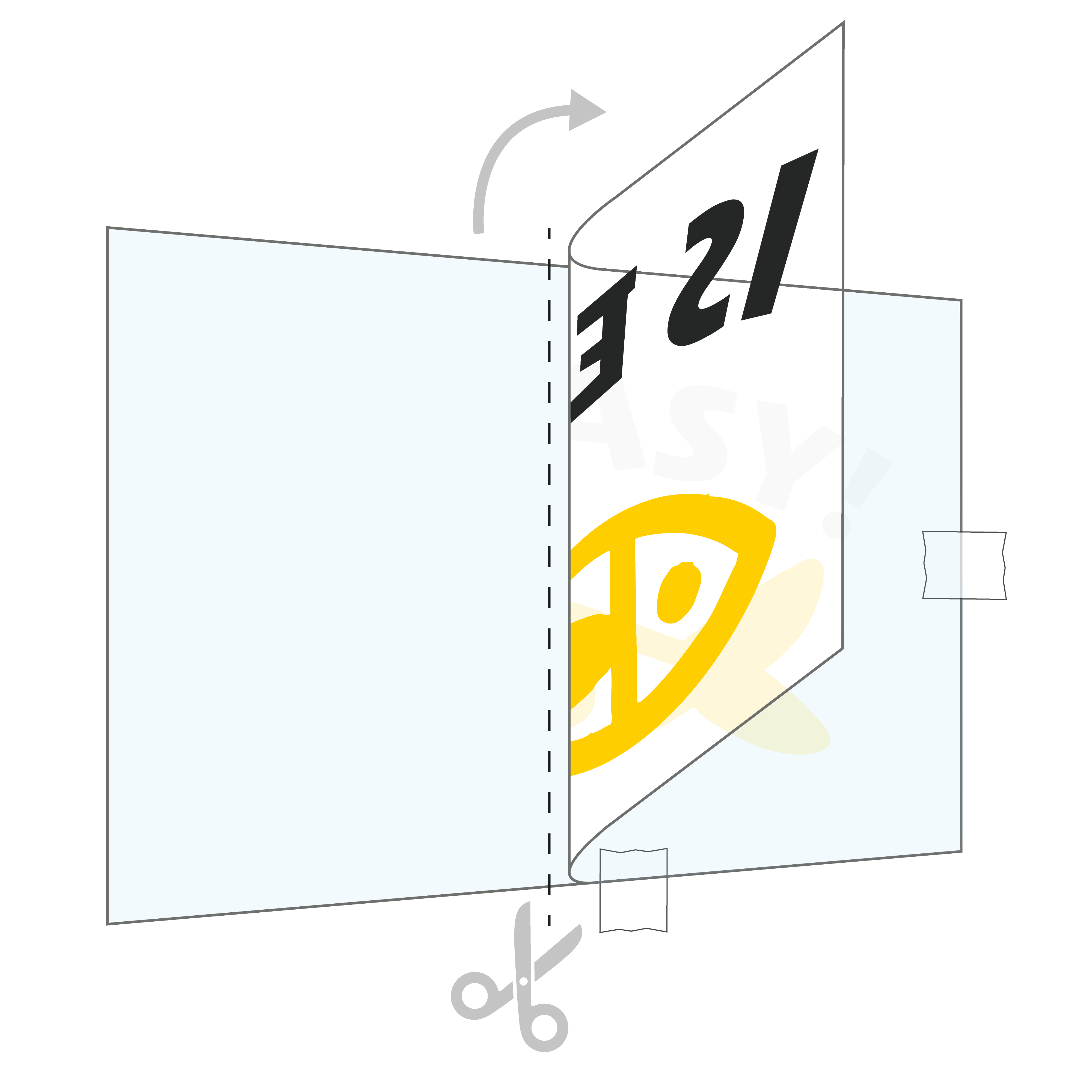 A vinyl transfer graphic. Yellow fish design being folded and cut, showing step-by-step instructions.