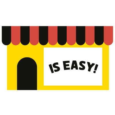 Gul butikkfasade med rød og svart markise og et "Is easy!"-skilt, ikon for Dekaler