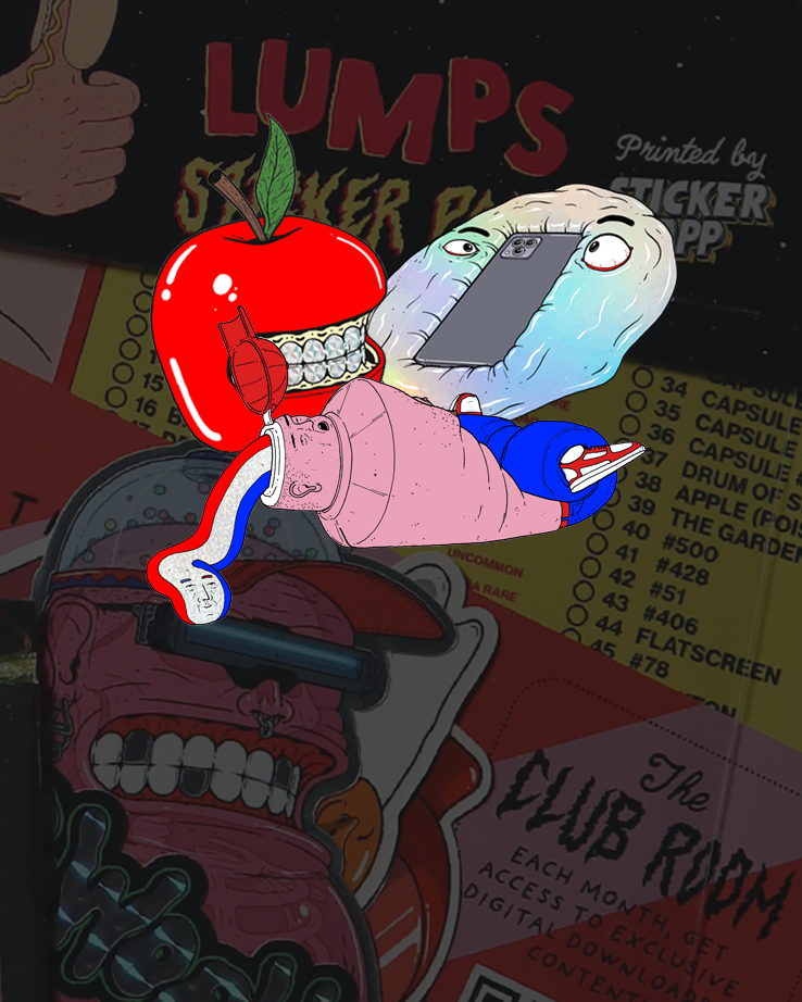 Surreal cartoon characters showing an apple head, phone and toothpaste, set against a colorful collage of stickers.