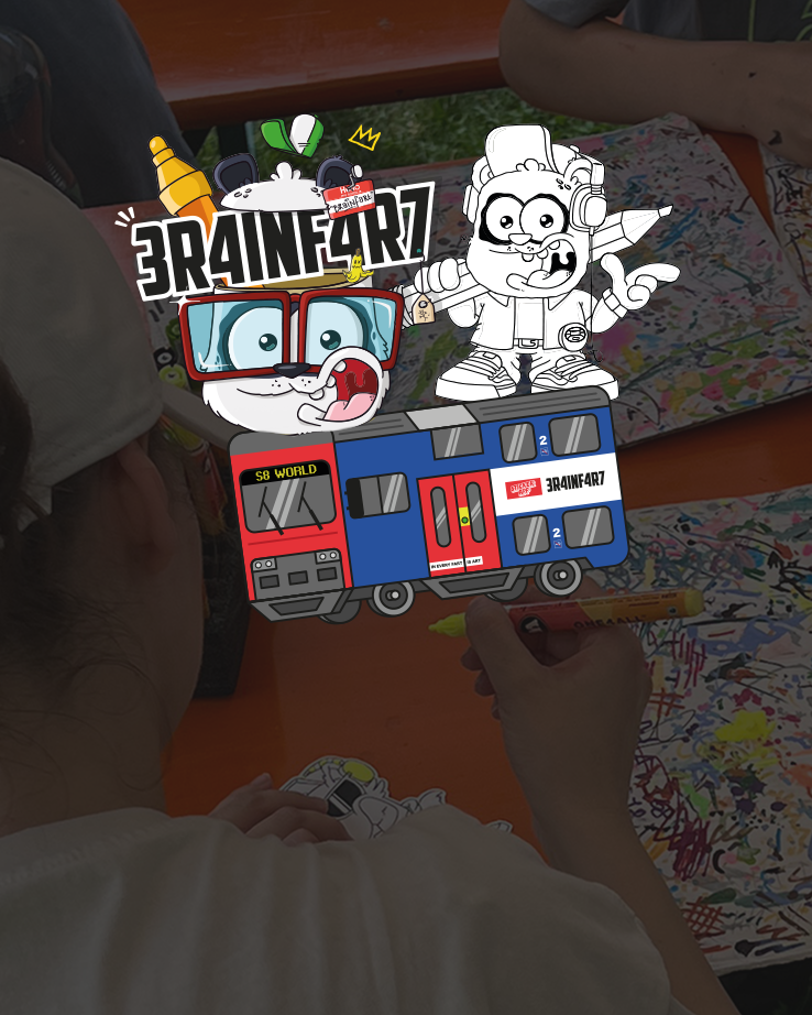 Klistremerkeillustrasjon for Brainfart x StickerApp med tegneseriefigurer på et S8 World-tog, foran et tegneverksted på festivalen