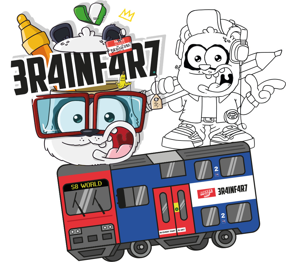 Illustrasjon for Brainfart x StickerApp med 3R4INF4R7-logoen, to tegneseriefigurer og et pendeltog fra S8 World